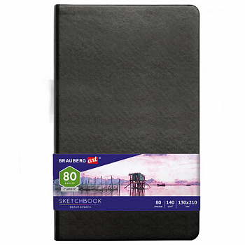 Скетчбук, белая бумага 140 г/м2 130х210 мм, 80 л., КОЖЗАМ, резинка, BRAUBERG ART CLASSIC, черный