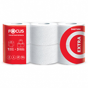 Бумага туалетная, спайка 6 шт., 2-слойная (6х48 м) Focus Extra, белая