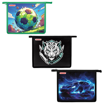 Папка для тетрадей ПИФАГОР А5, 1 отделение, пластик, на молнии, АССОРТИ для мальчиков