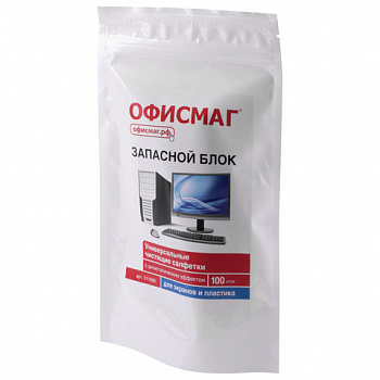 Салфетки для экранов всех типов и пластика (запасной блок) ОФИСМАГ, пакет 100 шт., влажные