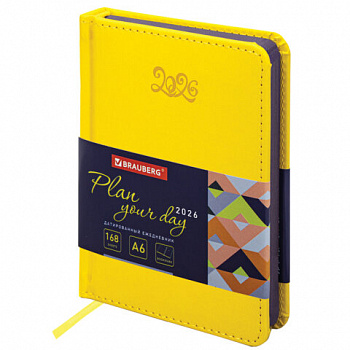Ежедневник датированный 2026, МАЛЫЙ ФОРМАТ 100х150 мм, А6, BRAUBERG "Rainbow", под кожу, желтый