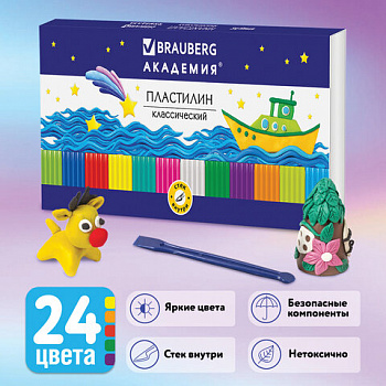 Пластилин классический BRAUBERG "АКАДЕМИЯ", 24 цвета, 480 г, со стеком, ВЫСШЕЕ КАЧЕСТВО