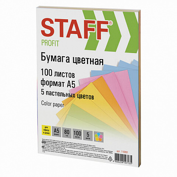 Бумага цветная STAFF МАЛОГО ФОРМАТА, А5, 80 г/м2, 100 л. (5 цветов х 20 л.), цветная пастель