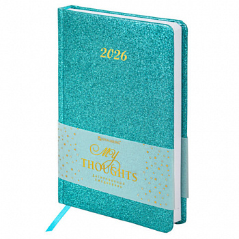 Ежедневник датированный 2026, А5, 138x213 мм, BRAUBERG "Sparkle", под кожу, блестки, бирюзовый