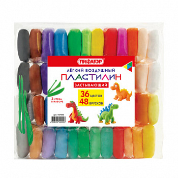Пластилин лёгкий воздушный застывающий 48 штук (36 цветов + 12 базовых), 410 г, 3 стека, ПИФАГОР