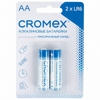 Батарейки алкалиновые "пальчиковые" КОМПЛЕКТ 2 шт., CROMEX (КРОМЕКС) Alkaline, АА (LR6, 15А), блистер