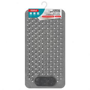 Коврик для ванны противоскользящий с теркой для ступней 68х36 см, серый, ПВХ, присоски, PRIMILA (ПРИМИЛА)