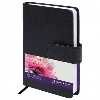 Скетчбук, белая бумага 140 г/м2 90х140 мм, 80 л., КОЖЗАМ, застежка, BRAUBERG ART CLASSIC, черный