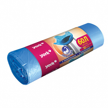 Мешки для мусора с завязками 60л, синие, в рулоне 20шт, ПНД, 10мкм, YORK