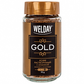 Кофе растворимый WELDAY (ВЭЛДЭЙ) "GOLD" 95 г, стеклянная банка, сублимированный
