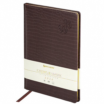 Еженедельник датированный 2026 БОЛЬШОЙ ФОРМАТ 210х297 мм, А4 BRAUBERG "Comodo", под кожу, коричневый