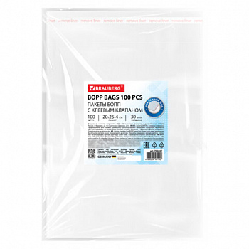 Пакеты БОПП с клеевым клапаном, КОМПЛЕКТ 100 штук, 20х25 + 4 см, 30 мкм, с усиленным швом, BRAUBERG