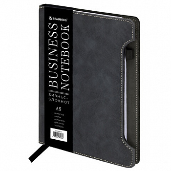 Блокнот А5 165x218 мм, BRAUBERG "Perfect", под кожу софт-тач, держатель для ручки, 80 листов, клетка, черный