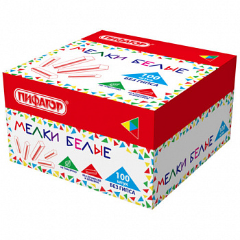 Мел белый БЕЗ ПРИМЕСЕЙ квадратный 100 штук, мягкое письмо, ПИФАГОР, картонная упаковка