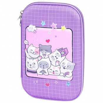 Пенал ЮНЛАНДИЯ большой, 1 отделение, 1 откидная планка, карман, полиэстер/EVA, 22х15х5 см, "Cats selfie"