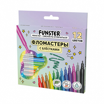 Фломастеры с блестками FUNSTER (ФАНСТЕР) "GLITTER" 12 цветов, ударопрочный наконечник