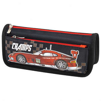 Пенал мягкий ЮНЛАНДИЯ, 2 отделения, полиэстер, "Car champion", черный, 21х6х9 см