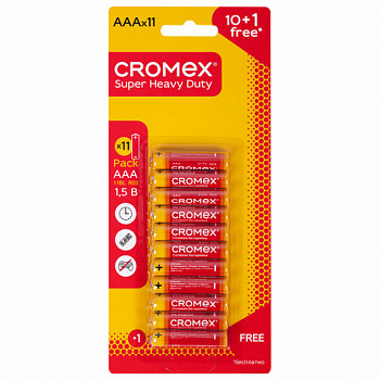 Батарейки солевые "мизинчиковые" КОМПЛЕКТ 10+1 шт., CROMEX (КРОМЕКС) Super Heavy Duty, AAA (R03, 24A), блистер