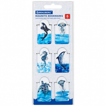 Закладки для книг МАГНИТНЫЕ c высечкой, "MARINE LIFE", набор 6 шт., 35х25 мм, BRAUBERG