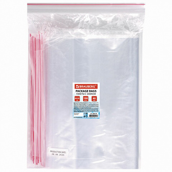 Пакеты с замком ZIP LOCK "зиплок", комплект 100 шт., 400х500 мм, ПВД, толщина 40 микрон, BRAUBERG