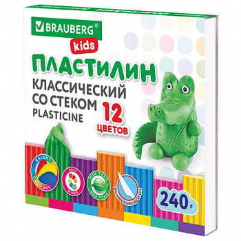 Пластилин классический BRAUBERG KIDS, 12 цветов, 240 г, стек, ВЫСШЕЕ КАЧЕСТВО