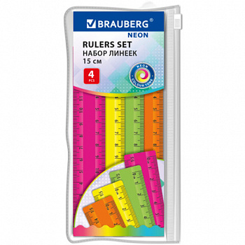 Линейки пластиковые 15 см неоновые BRAUBERG, НАБОР 4 штуки, непрозрачные, пенал