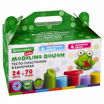 Пластилин-тесто для лепки BRAUBERG KIDS, 24 цвета, 1680 г, крышки-штампики, сундучок