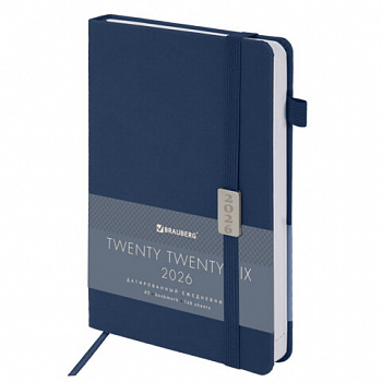 Ежедневник датированный 2026, А5, 138x213 мм, BRAUBERG "Control", под кожу, держатель для ручки, синий