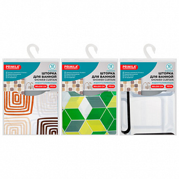Шторка для ванной PEVA, 180х200 см, кольца в комплекте, 3 дизайна ассорти, ФИГУРЫ, PRIMILA (ПРИМИЛА)