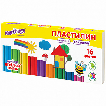 Пластилин мягкий ЮНЛАНДИЯ "ВЕСЕЛЫЙ ШМЕЛЬ", 16 цветов, 240 г, СО СТЕКОМ