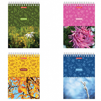 Блокнот А5 146х205 мм, 60 л., гребень, картон, жесткая подложка, клетка, BRAUBERG, "Четыре сезона"