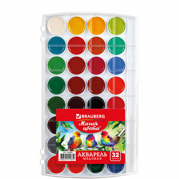 Краски акварельные BRAUBERG "МАГИЯ ЦВЕТА" 32 цвета, медовые, круглые кюветы, пенал