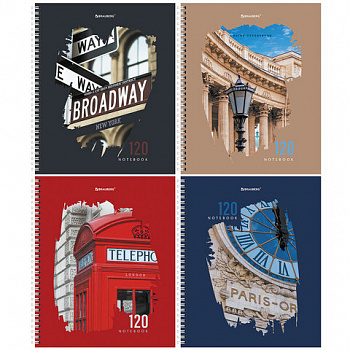 Тетрадь А5 120 л. BRAUBERG, гребень, клетка, твёрдая обложка, "Города" (микс в спайке)