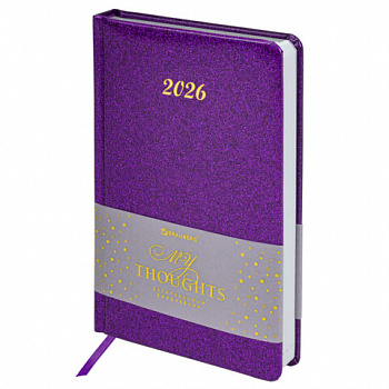 Ежедневник датированный 2026 А5 138x213 мм BRAUBERG Sparkle, под кожу, блестки, фиолетовый