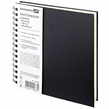 Скетчбук, слоновая кость 140 г/м2 200х200 мм, 80 л., КОЖЗАМ, гребень, BRAUBERG ART CLASSIC, черный