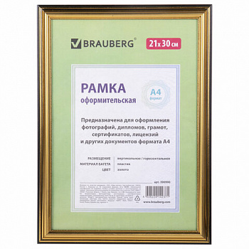 Рамка 21х30 см, пластик, багет 20 мм, BRAUBERG "HIT3", золото, стекло