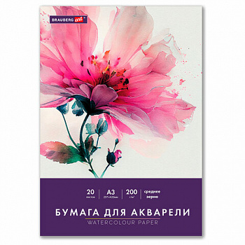 Бумага для акварели БОЛЬШАЯ А3 в папке, 20 листов, 200 г/м2, среднее зерно, BRAUBERG ART CLASSIC