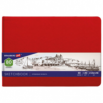 Скетчбук, слоновая кость 140 г/м2 210х148 мм, 80 л., КОЖЗАМ, резинка, BRAUBERG ART CLASSIC, красный