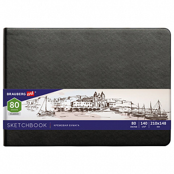 Скетчбук, слоновая кость 140 г/м2 210х148 мм, 80 л., КОЖЗАМ, резинка, BRAUBERG ART CLASSIC, черный