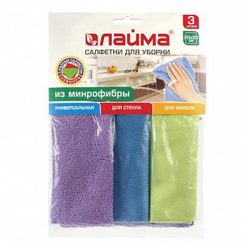 Салфетки из МИКРОФИБРЫ универсальные, стекло, мебель, 30х30 см, КОМПЛЕКТ 3 шт., 200 г/м2, LAIMA