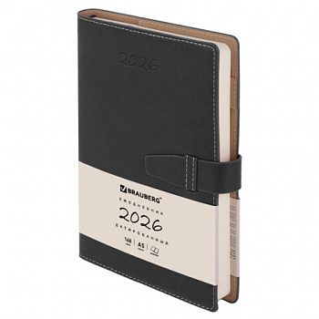Ежедневник датированный 2026, А5, 143х218 мм, BRAUBERG "Journal", под кожу, застежка, держатель для ручки, органайзер, черный