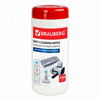 Салфетки для пластиковых поверхностей BRAUBERG, туба 100 шт., влажные