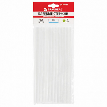 Клеевые стержни, диаметр 7 мм, длина 200 мм, прозрачные, комплект 12 шт., BRAUBERG, европодвес