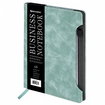 Блокнот А5 165x218 мм, BRAUBERG "Perfect", под кожу софт-тач, держатель для ручки, 80 листов, клетка, серо-голубой