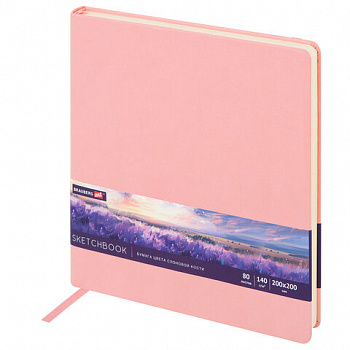 Скетчбук, слоновая кость 140 г/м2 200х200 мм, 80 л., КОЖЗАМ, резинка, BRAUBERG ART CLASSIC, пастель розовый
