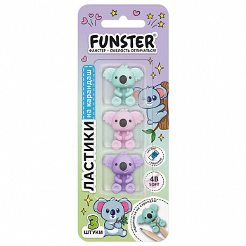 Ластик-топпер для карандаша FUNSTER (ФАНСТЕР) "КОАЛЫ", НАБОР 3 штуки, пастельные цвета ассорти, блистер