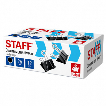 Зажимы для бумаг STAFF ECO, КОМПЛЕКТ 12 шт, 25 мм, на 100 листов, черные, картонная коробка