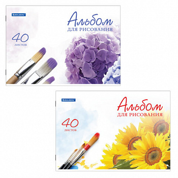 Альбом для рисования, А4, 40 листов, скоба, обложка картон, BRAUBERG, 200х283 мм, "Цветы" (2 вида)