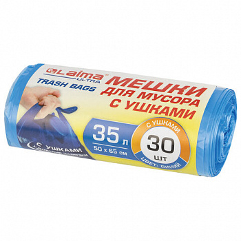 Мешки для мусора с ушками LAIMA "ULTRA" 35 л синие, в рулоне 30 шт. прочные, ПНД 12 мкм, 50х65 см