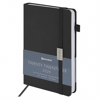 Ежедневник датированный 2026, А5, 138x213 мм, BRAUBERG "Control", под кожу, держатель для ручки, черный